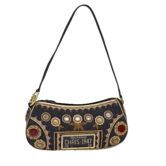 Christian Dior Hand Bag Canvas Blue Gold Auth - Picture 1 of 16